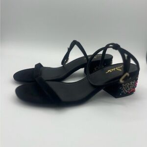 Elegant Black Strappy Heels with Embellishments on heel